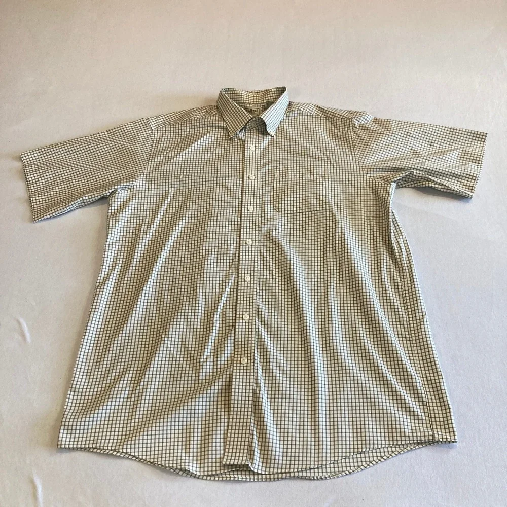 LL Bean Mens Large Tall Short Sleeve Button Down Shirt Tattersall Check Cotton‎